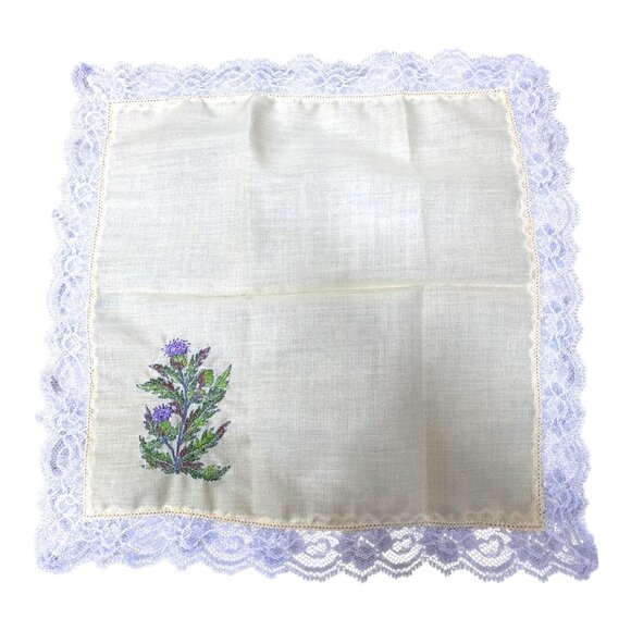 Vintage Handkerchief With Floral Embroidery Purple Thistle Flower & Lace Edge - Picture 3 of 4